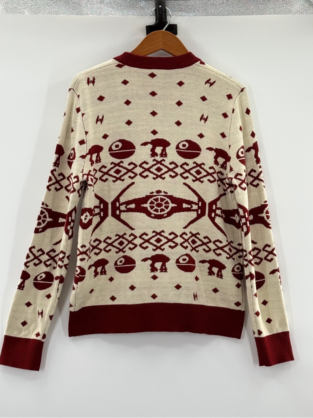 Star Wars Fair Isle Cardigan Sweater Death Star AT-AT Red Cream Size M - Picture 5 of 7